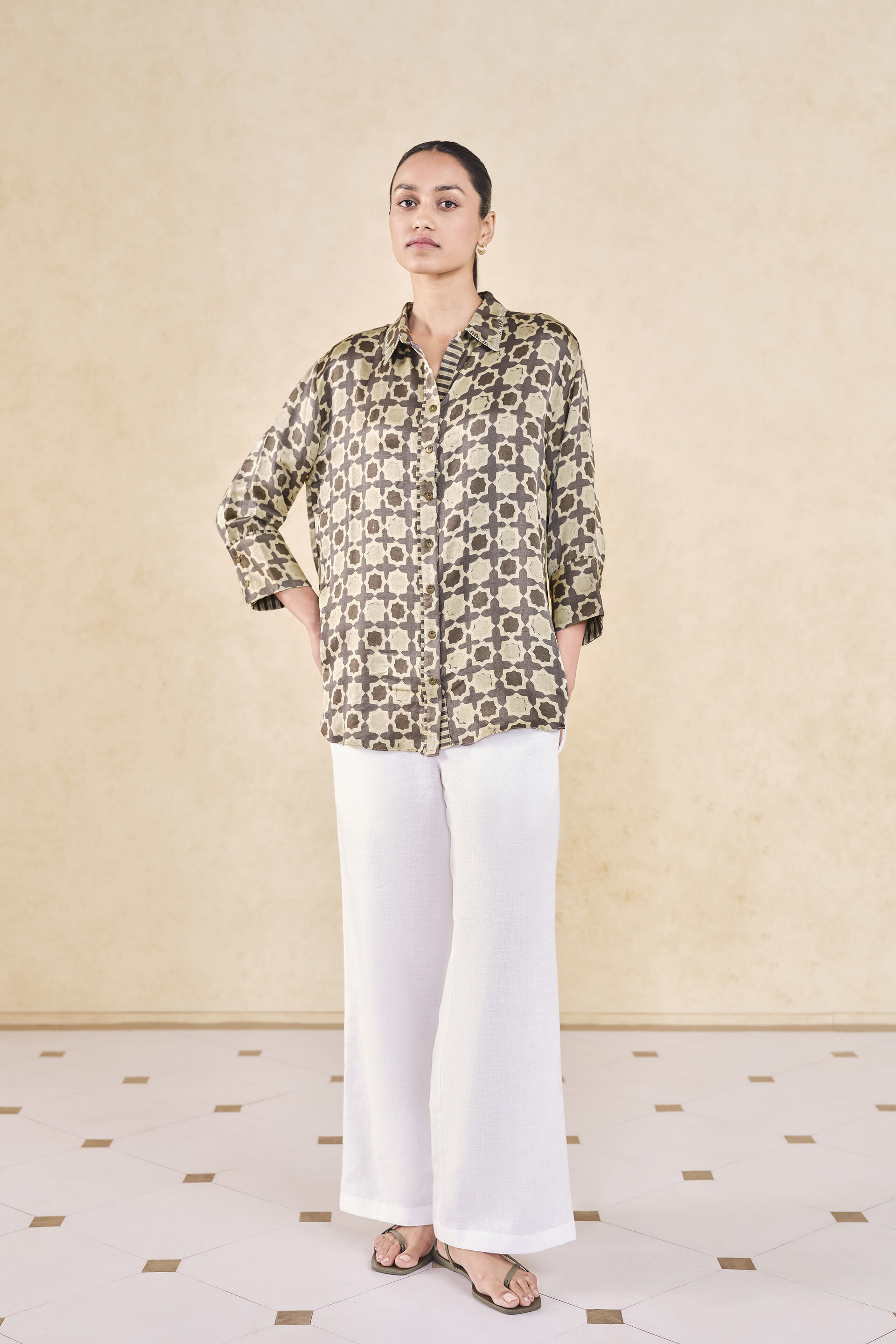 Halidrys Handcrafted Ajrakh Silk Top - Grey